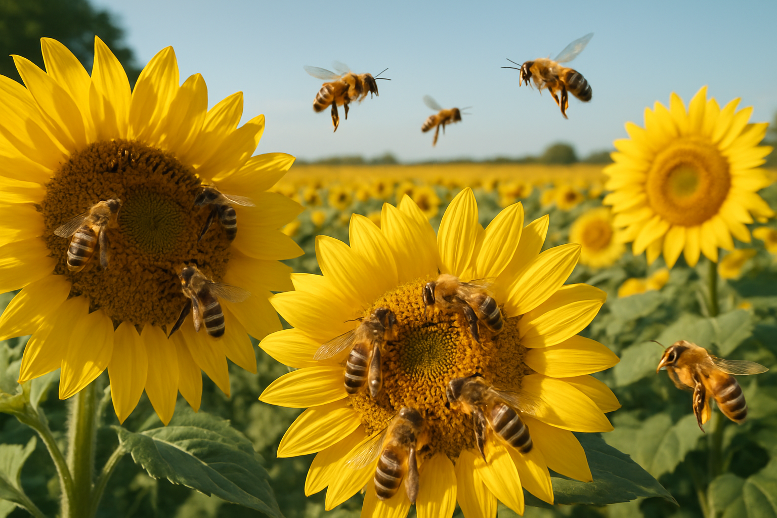 bees hanging out in a sunflower field realistic