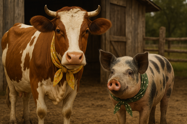Realistic cow and pig together wearing colorful bandanas on farm