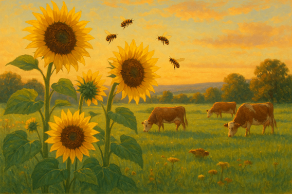 Sunflowers with bees and cows in pasture - golden hour scene