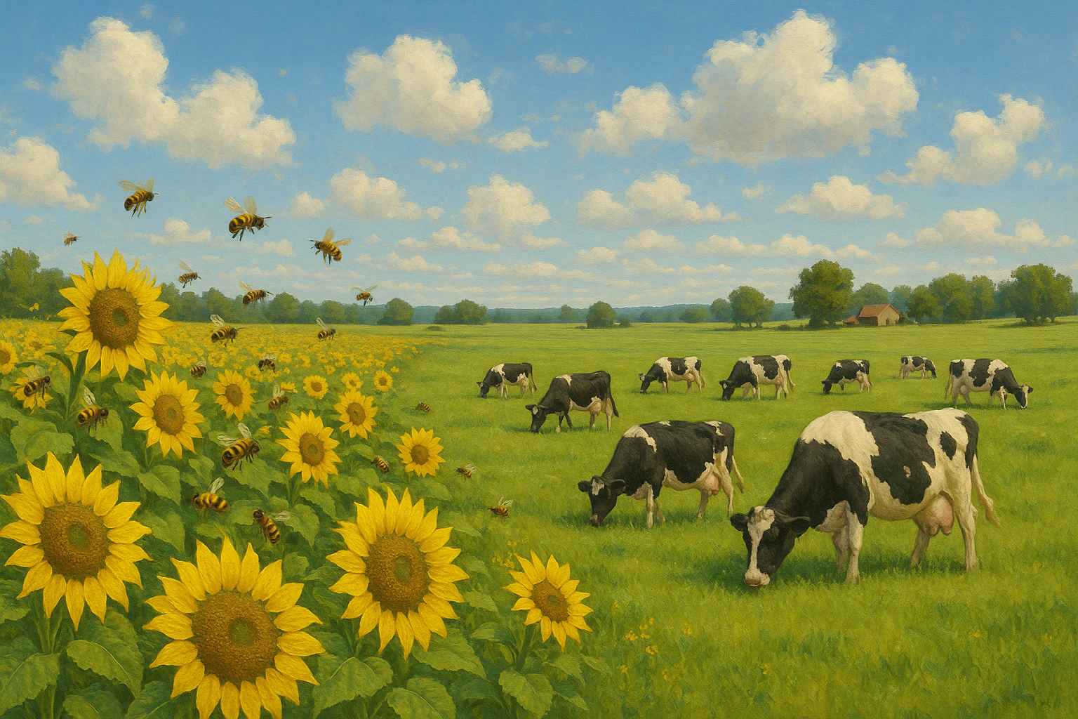 Wide pastoral landscape with sunflower field and grazing cows